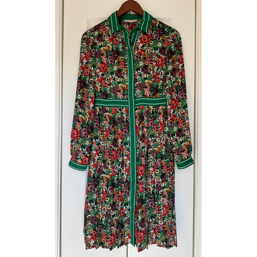 Brooks Brothers Red Fleece Floral Midi Shirt Dress Green Stripe Trim Womens 0